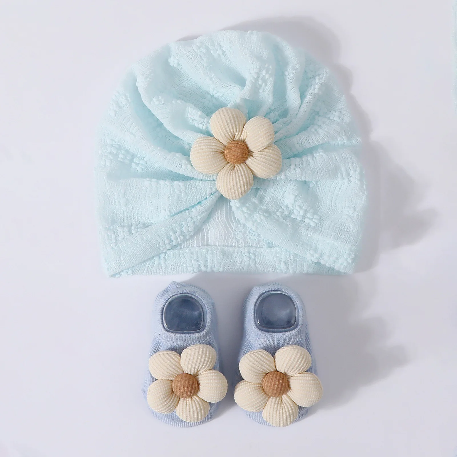 Nuevo bebé 1 Juego de sombreros de girasol calcetines recién nacidos suaves Prewalker ahueca hacia fuera el calcetín transpirable sombrero niña gorra infantil gorros turbante calcetines - imagen 5