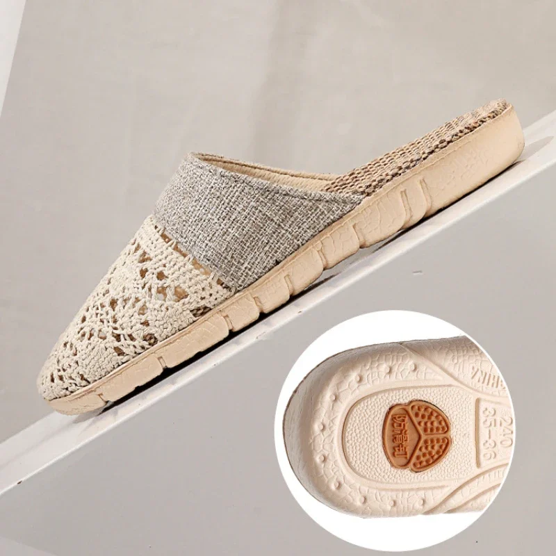 Zapatillas de lino para interior para mujer, zapatos antideslizantes, ligeros, transpirables, de encaje, para el hogar, primavera y verano, 2025 - imagen 5