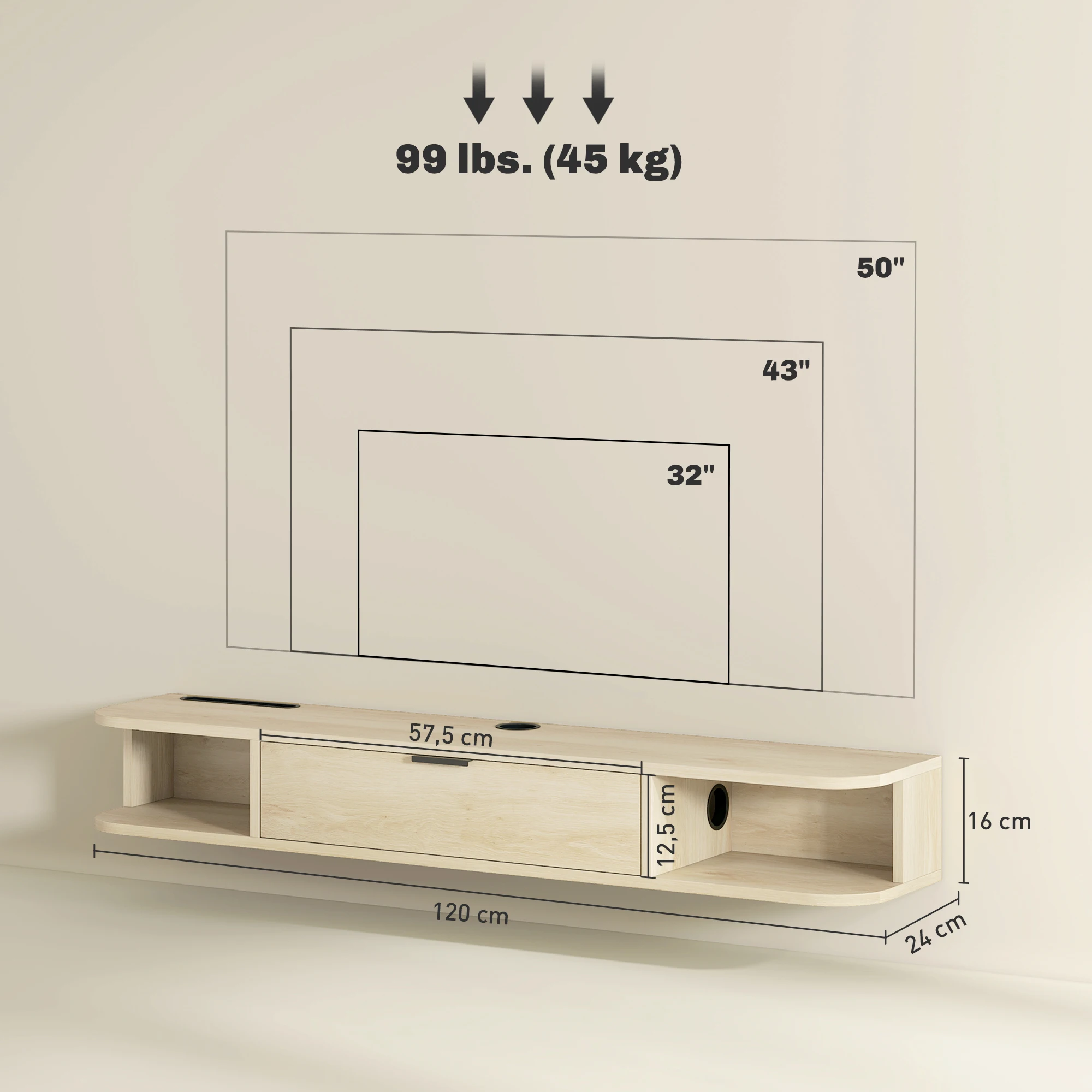HOMCOM Mueble de TV Suspendido, Mueble de TV para Salón con Cajón Abatible, 2 Estantes Abiertos, Gestión de Cables, Estilo Moderno, para Televisión 50 Pulgadas, 120x24x16 cm, Madera Natural - imagen 3
