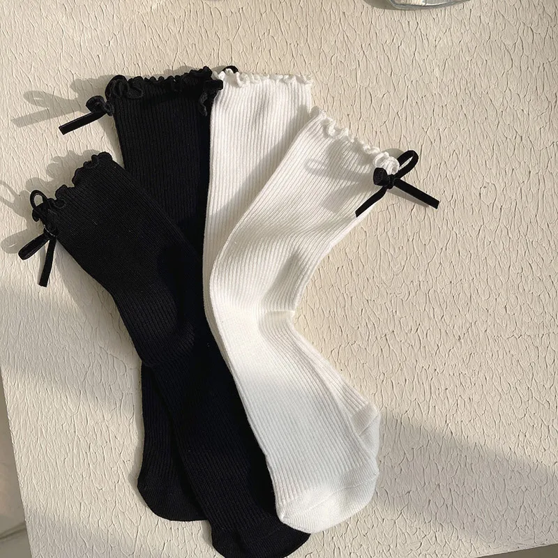 1 par de calcetines hasta la pantorrilla para niña, calcetines hasta la rodilla con volantes estilo lazo de Color blanco y negro para niños pequeños, calcetines a rayas de algodón suave - imagen 3