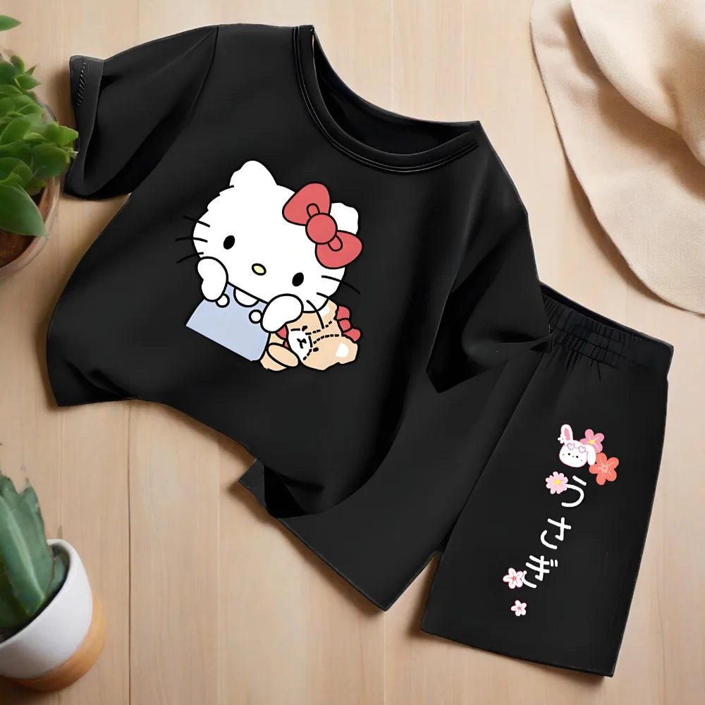 HELLO KITTY-Conjunto de dos piezas de camiseta y pantalones cortos con estampado para niños, Top informal transpirable para niñas, conjuntos de ropa para exteriores - imagen 3