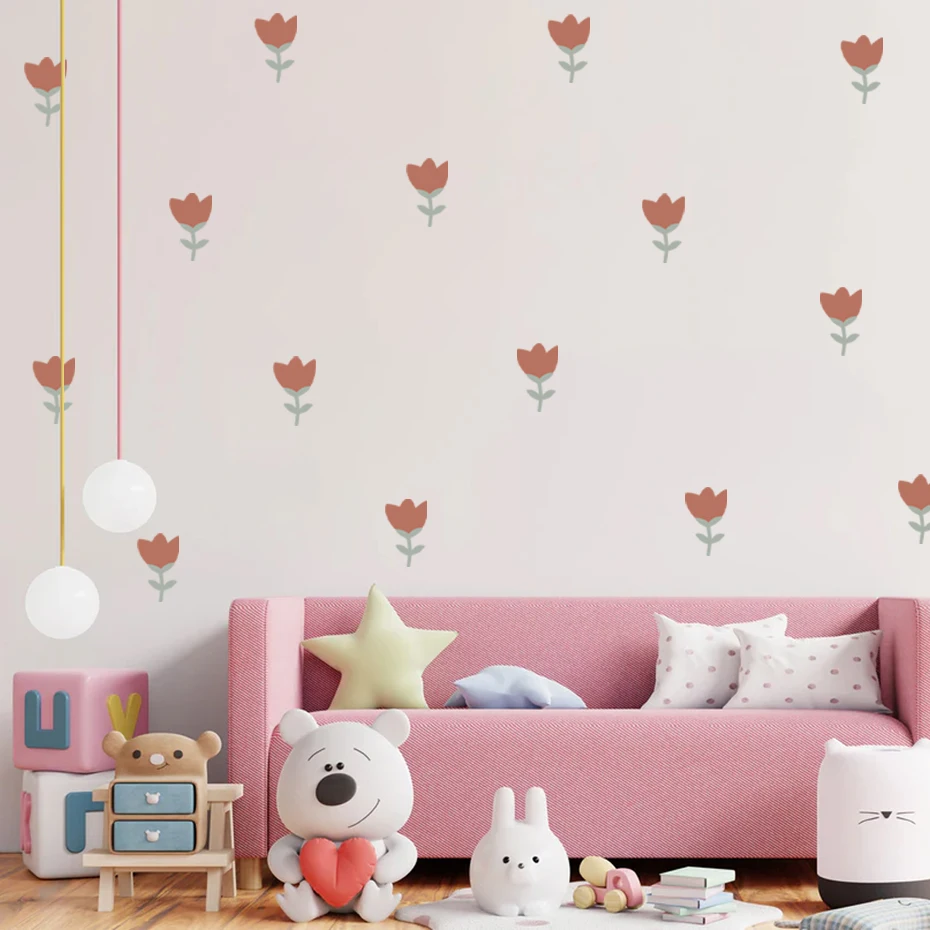 Pegatina de pared infantil roja con flores bohemias para habitación