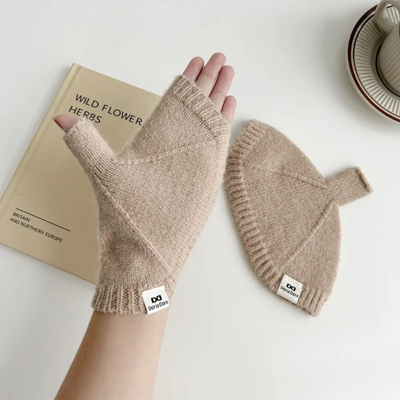 Guantes de lana tejidos con medio dedo: color liso, versátiles, gruesos y cálidos para otoño-invierno. Compatible con pantalla táctil, calentadores de muñeca. - imagen 2