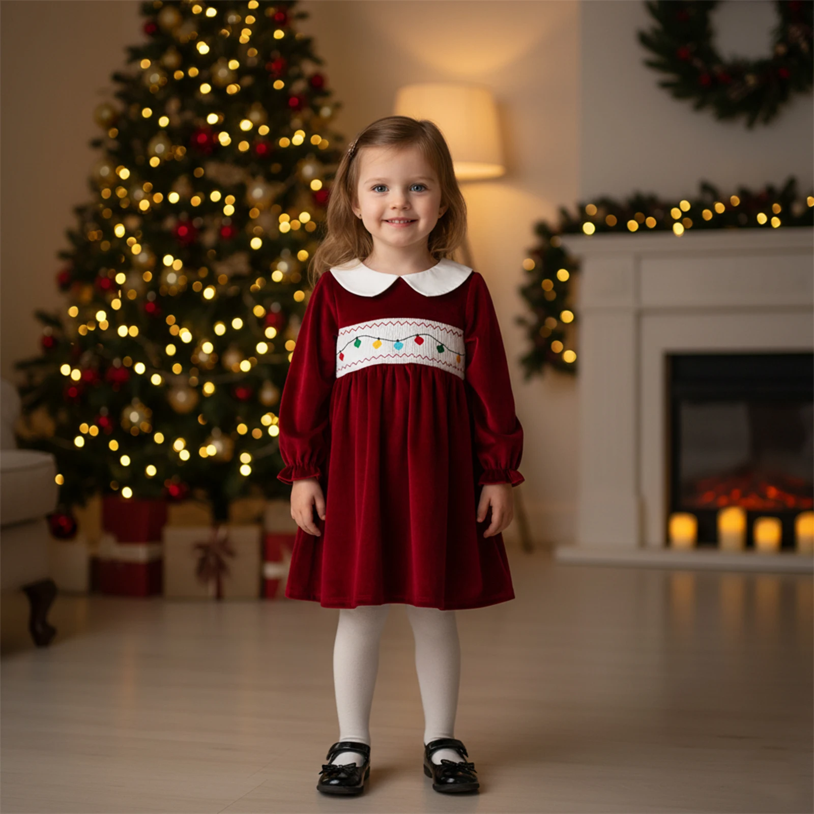 Suefunskry Vestido de Navidad para niñas pequeñas con luces, bordado de cuerdas, manga larga, cuello de muñeca, vestido acampanado de terciopelo - imagen 4