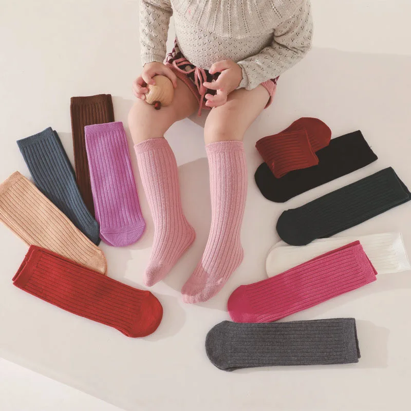 Calcetines rectos de primavera para niños de 0 a 6T, versátiles, 12 colores, calcetines hasta la pantorrilla para niñas, medias a rayas de Color sólido para niños
