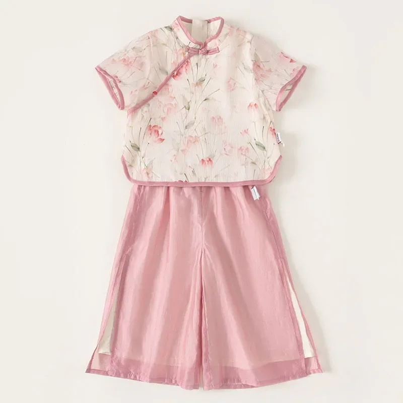 Ropa de Boutique de verano para niñas, 2 piezas, estilo chino, moda de flores, Tops rosas de manga corta para bebés + Pantalones de malla, ropa para niños B118