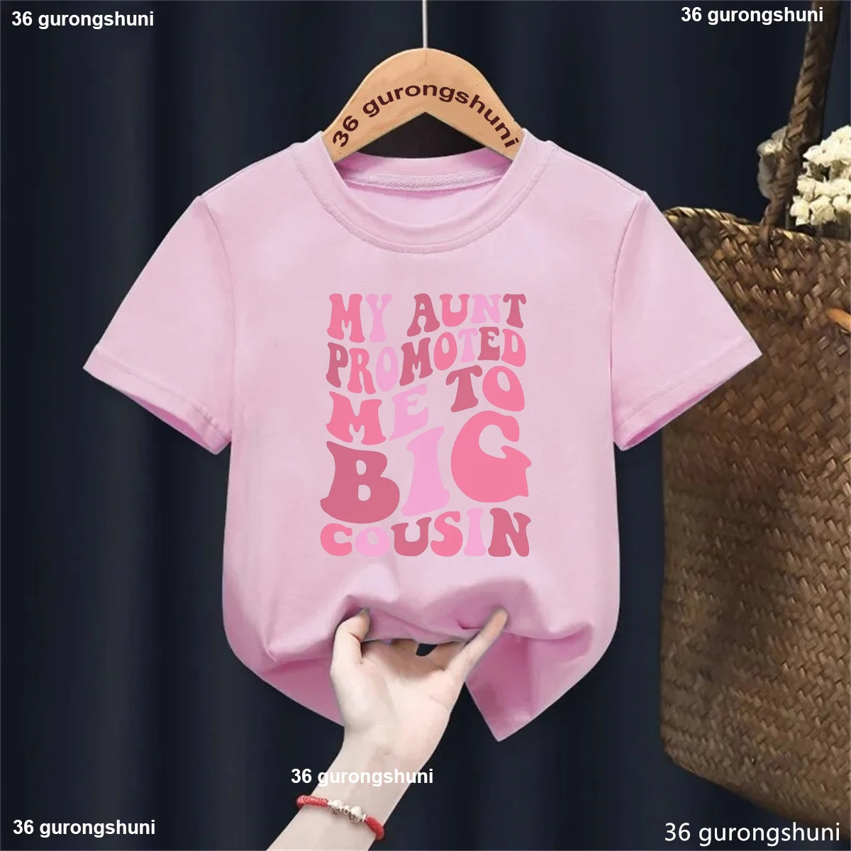 Camiseta con estampado de letras My Tunt Me Promoted To Big Cousin, camiseta de anuncio de embarazo para niñas, ropa Kawaii para niños, camiseta sólida - imagen 2