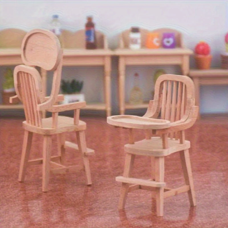Silla alta de madera en miniatura para bebé, modelo realista, muebles para casa de muñecas con veta de madera marrón claro y acento blanco, escala 1/12 - imagen 3
