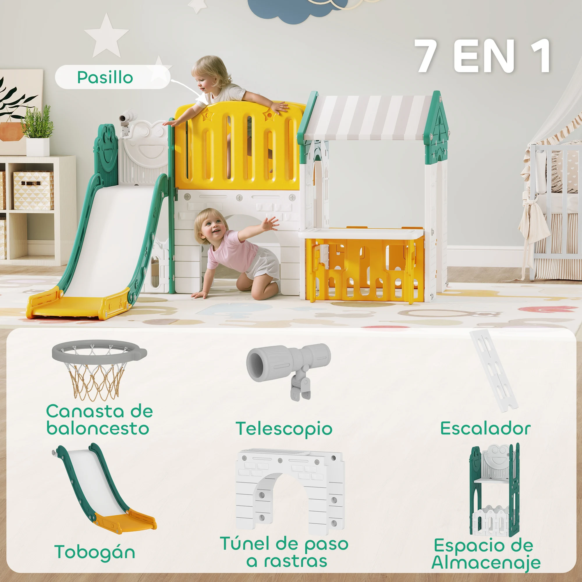 AIYAPLAY Tobogán Infantil 7 en 1 con Caseta para Niños, Tobogán con Escalera, Aro de Baloncesto, Túnel, Pizarra, Telescopio, para Interior, Amarillo y Verde - imagen 4