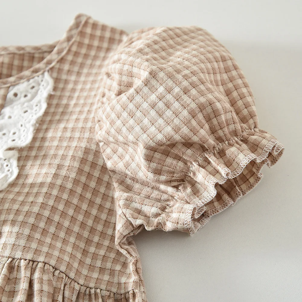 Vestido informal de estilo universitario de verano para niñas, versión coreana, vestido de manga corta con retazos de encaje para niños - imagen 3