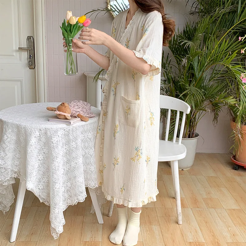 Ropa de maternidad con cuello en V bordado, camisones de lactancia, ropa de dormir de lactancia, nuevos vestidos sueltos de embarazo para primavera y otoño - imagen 3