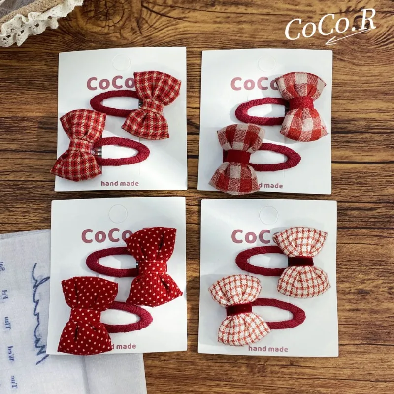 2 unids/set de pinzas para el cabello con lazo a cuadros rojos de estilo coreano para niñas, conjunto de pinzas para el cabello laterales de tela de lunares dulces para niños, accesorios para el cabello - imagen 5