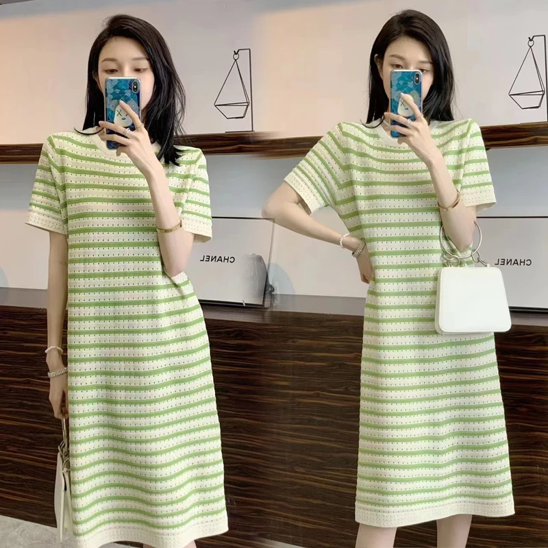 Vestido premamá tejido acanalado cuello cuadrado manga corta elegante - imagen 3