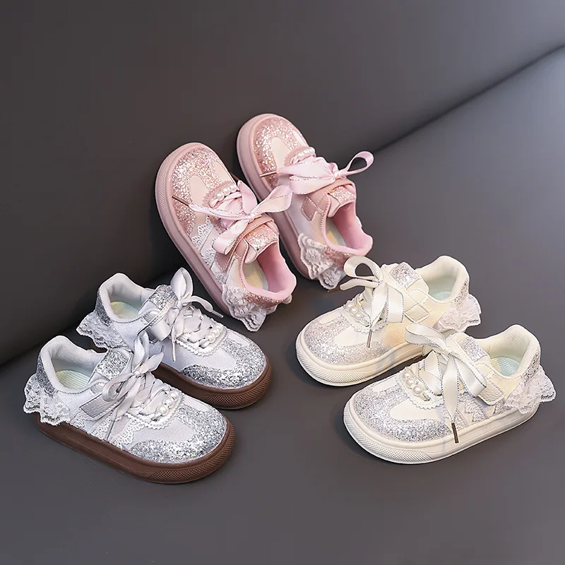 Zapatillas de deporte de otoño, zapatos ligeros a la moda para niña, zapatos sencillos y cómodos antideslizantes de encaje para chico, zapatos deportivos clásicos de princesa brillantes para mujer