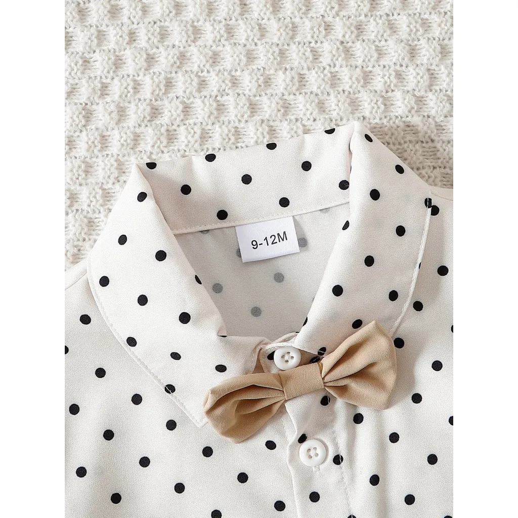 Disfraz para niño pequeño, Top de manga corta con lazo de solapa y lunares, pantalones cortos de color caqui, conjunto de ropa de 2 uds para niño de 0 a 3 años - imagen 2