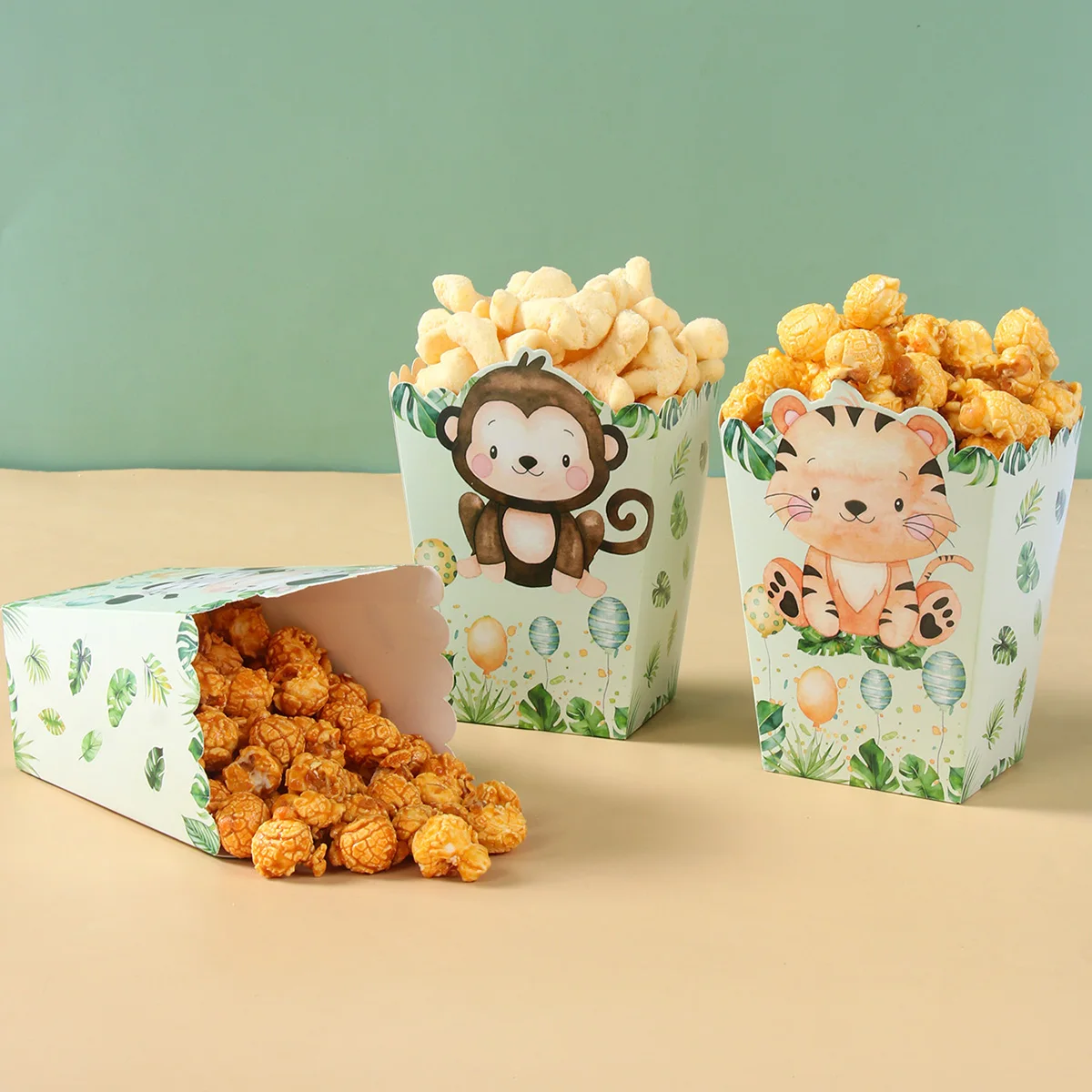 Cajas de palomitas de maíz de dinosaurio y animales de la selva, cajas de golosinas de zoológico, decoración de papel para fiesta de feliz cumpleaños, suministros para fiestas infantiles, regalos, caja de palomitas de maíz - imagen 2