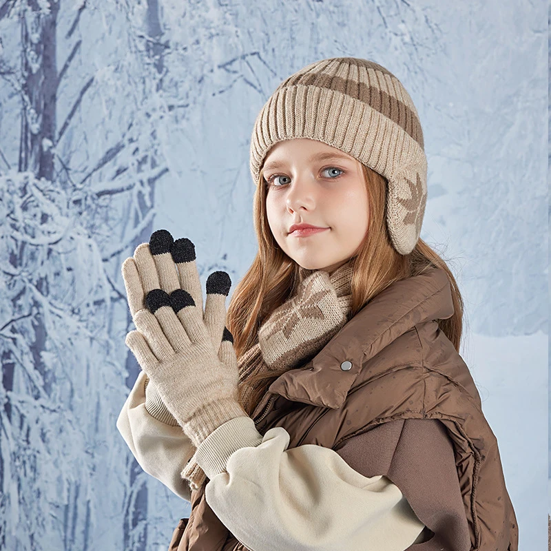 Gorros para niños, guantes, bufanda, gorro tejido a rayas a la moda, gorro de invierno para niño y niña, gorros con protección para los oídos de terciopelo, conjunto de artículos cálidos para niños, 3 uds. - imagen 5