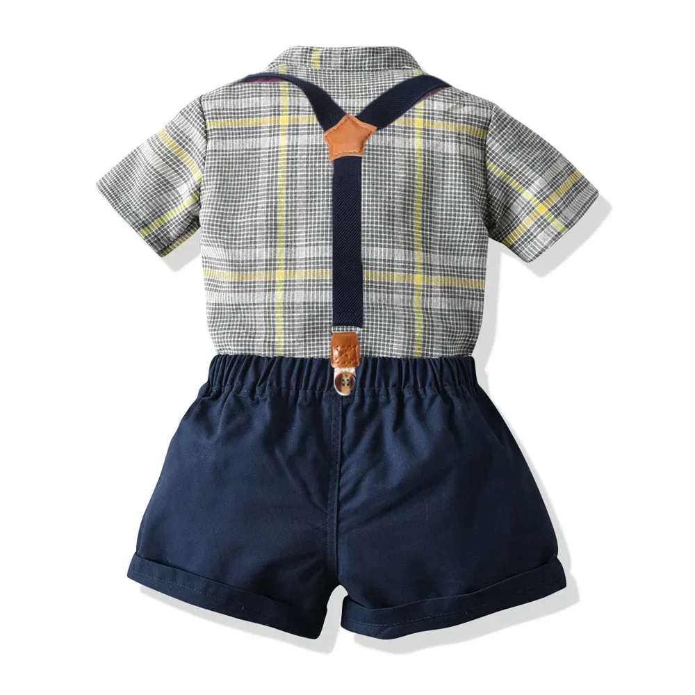 Conjunto de camiseta y pantalones cortos para bebé, camisa de algodón de manga corta a cuadros de estilo europeo y americano y pantalones cortos con tirantes, 70-130cm - imagen 4