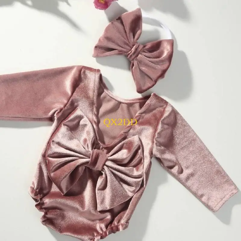 QX2D Conjunto fotografía para recién nacidos, incluye pelele con lazo y diadema a juego, accesorios para sesiones fotos - imagen 3