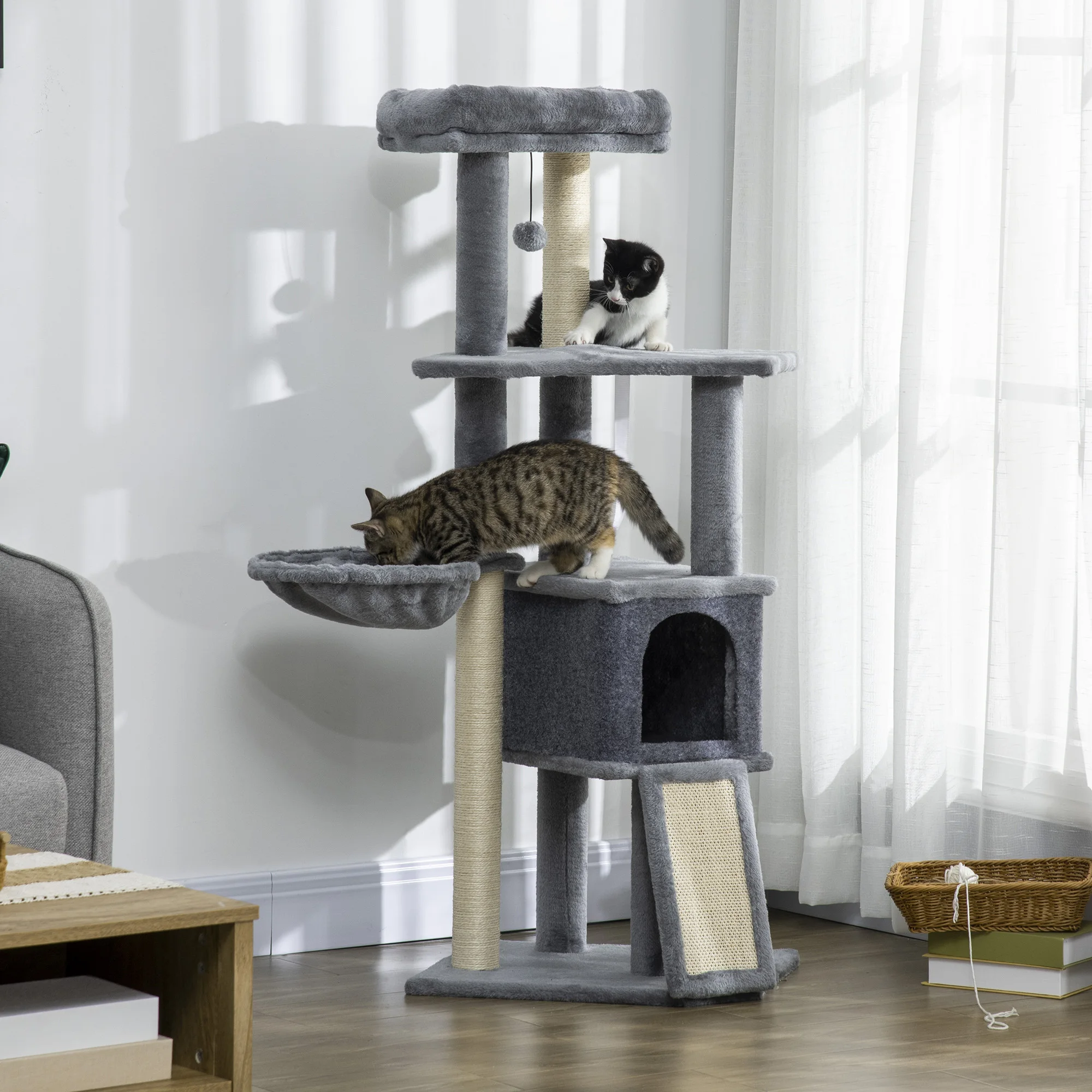 PawHut Árbol Rascador para Gatos, Árbol para Gatos 127 cm, Torre Escalador con Cueva, Hamaca, Cama, Plataformas, Rampa de Sisal, Bola Colgante, Gris - imagen 2