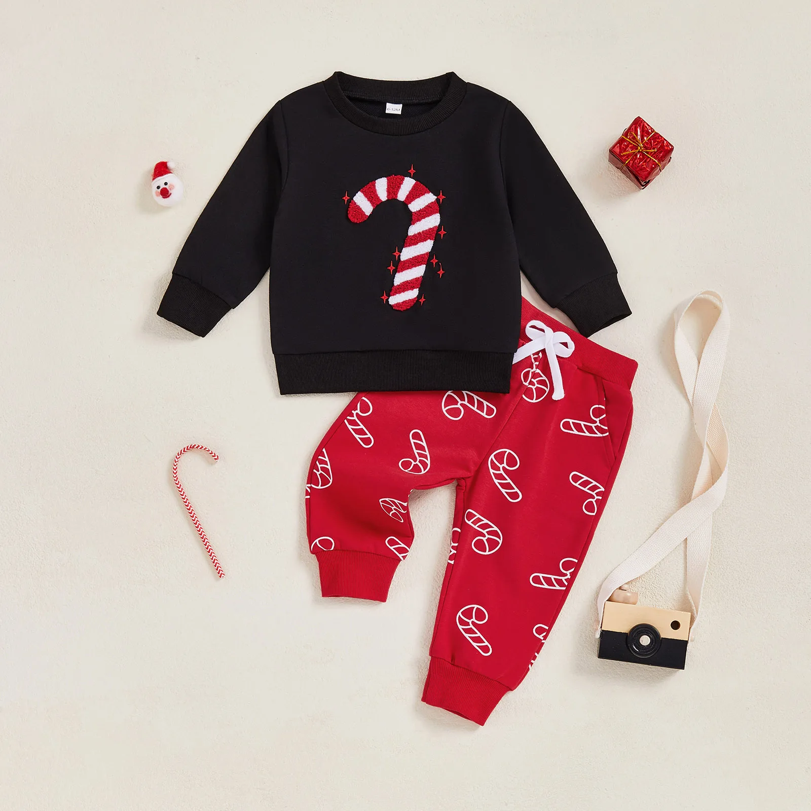 SUNSIOM Traje de Navidad para bebé con bordado de bastón de caramelo, sudadera de manga larga y pantalones elásticos, ropa de 2 piezas para niños pequeños - imagen 3