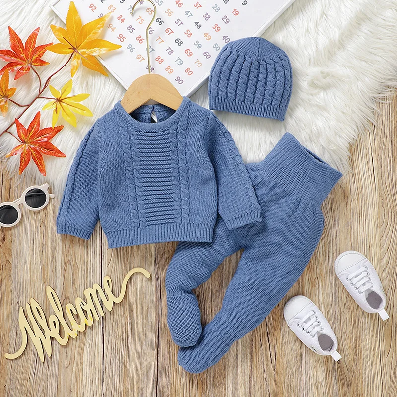 Conjunto de ropa para niños de 0 a 9M, Otoño Invierno, ropa de abrigo informal azul, suéteres de manga larga para niños recién nacidos, jerseys + Pantalones, trajes para niños pequeños