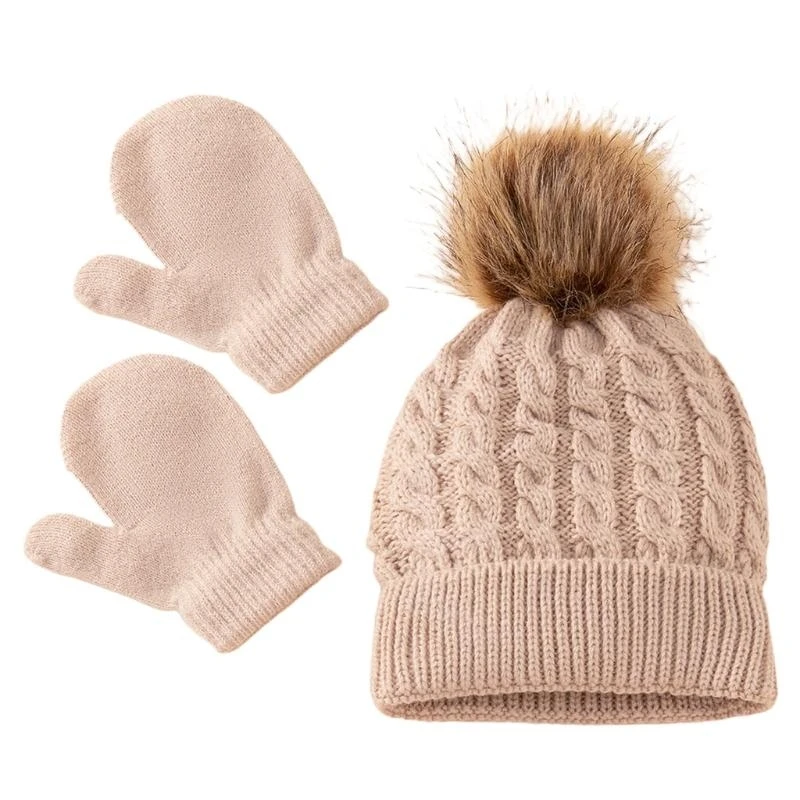 M76C invierno cálido bebé sombrero Color sólido guantes conjunto gorros bola piel manoplas niños niñas niños - imagen 3