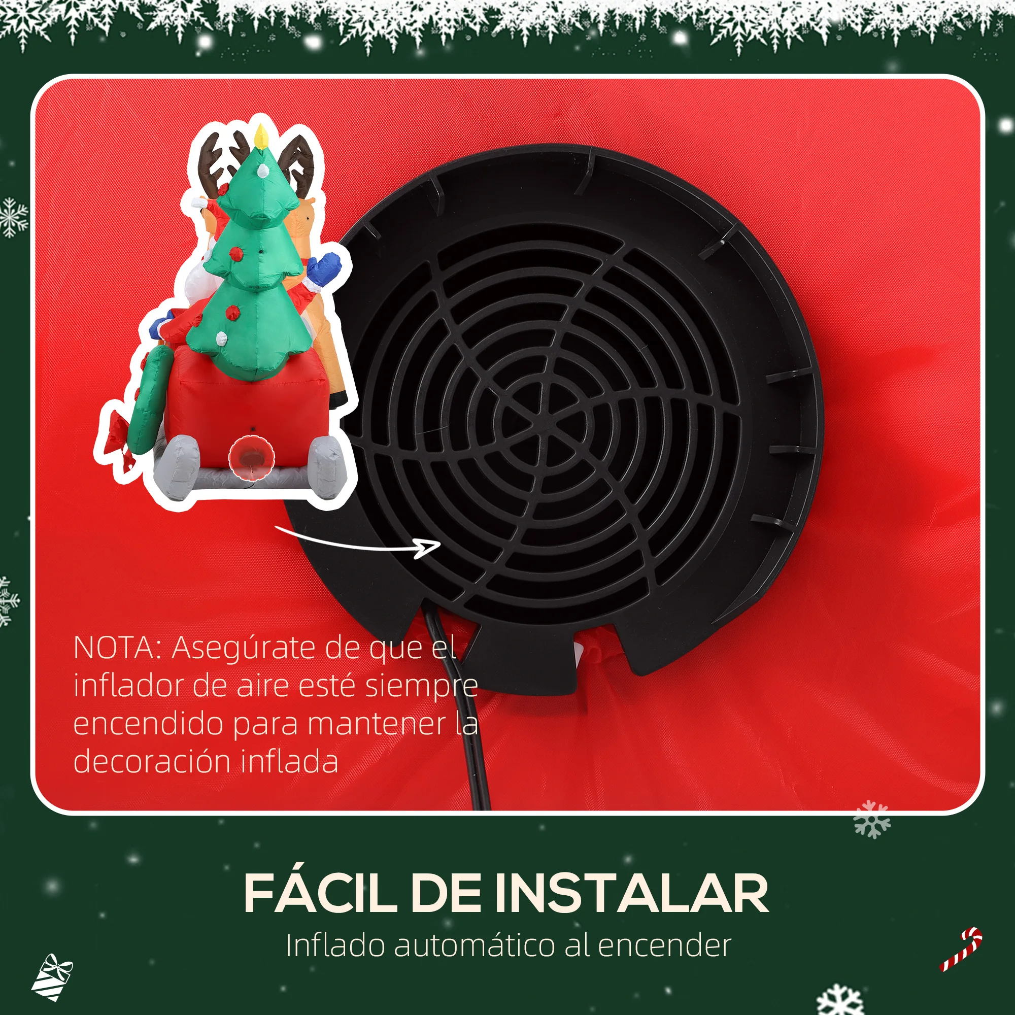 Outsunny Papá Noel Hinchable con Trineo, Renos y Árbol, Inflables de Navidad con Luces LED, Decoración de Navidad para Exterior e Interior, 216x90x150 cm - imagen 5