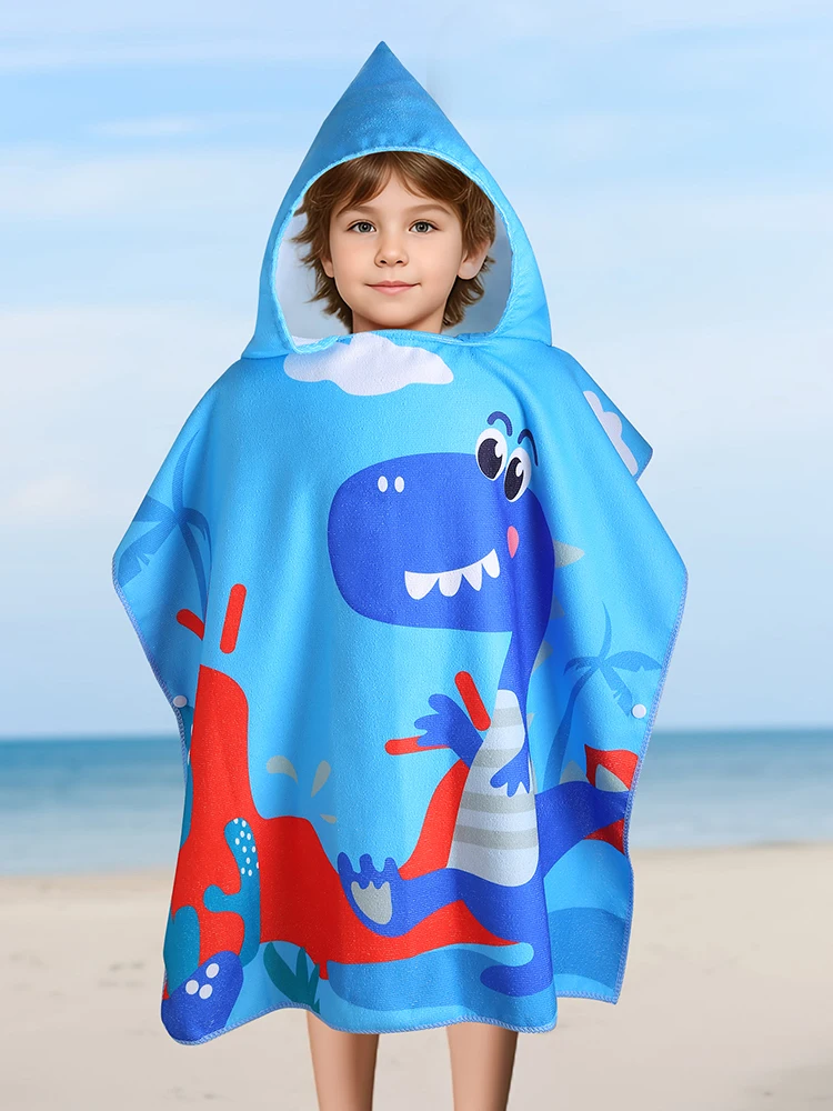 Toalla de chal con capucha para niños, traje de baño de playa para niños, bata, toalla de chal con capucha, dinosaurio animado