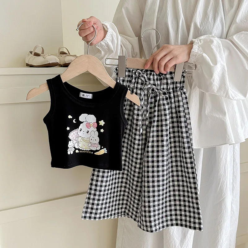2 uds. Chaleco con estampado de animales para niñas lindas de verano + pantalones a cuadros para niños pantalones de pierna ancha cintura de flores - imagen 3