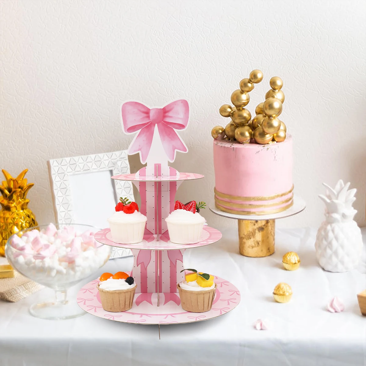 Soporte pastel desechable lazo rosa – Fiesta infantil - imagen 4