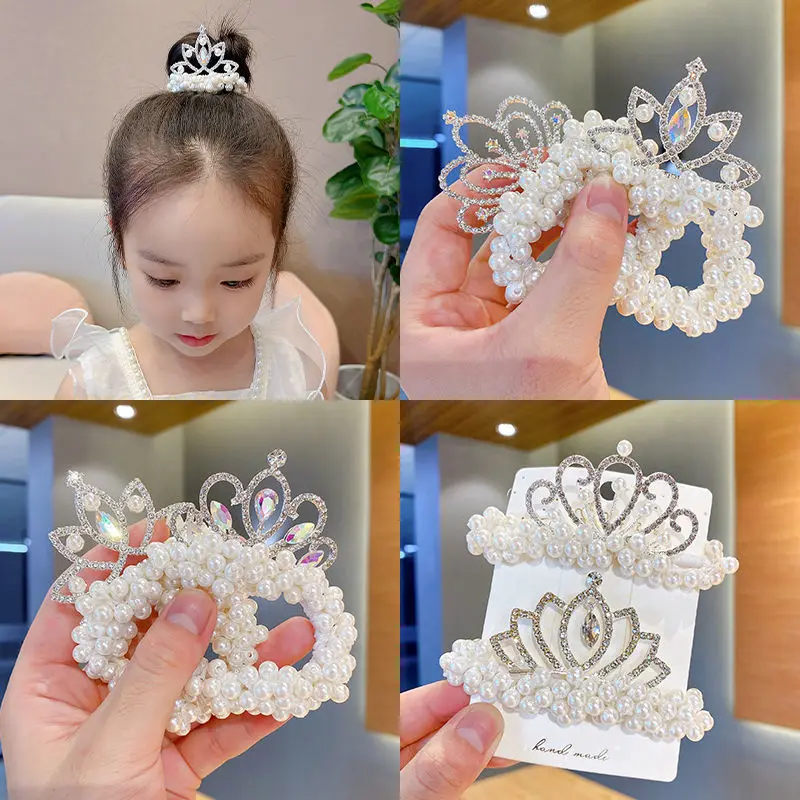 Nueva diadema de cristal para niños, tocado de princesa, horquilla de perlas, corona, lazo para el pelo de niña, banda de goma, accesorios para el cabello