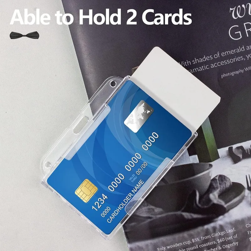 5 unids/set transparente de doble cara con ranura para el pulgar, protección de tarjeta de identificación, funda para tarjeta Horizontal, 2 fundas para tarjetas se pueden insertar - imagen 3