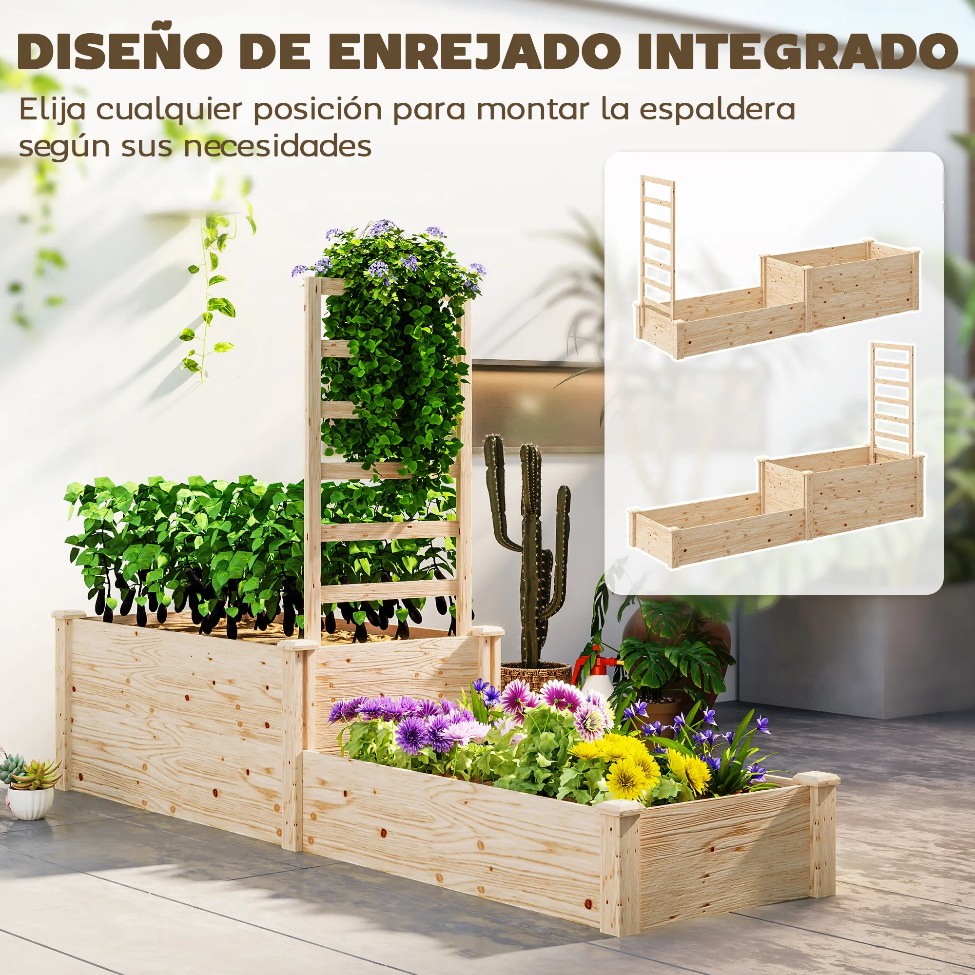 Outsunny Jardinera Exterior Grande de Madera Jardinera Elevada con Celosía para Plantas Trepadoras y 2 Cajas de Cultivo para Jardín Patio Terraza 222x63x132 cm Natural - imagen 5