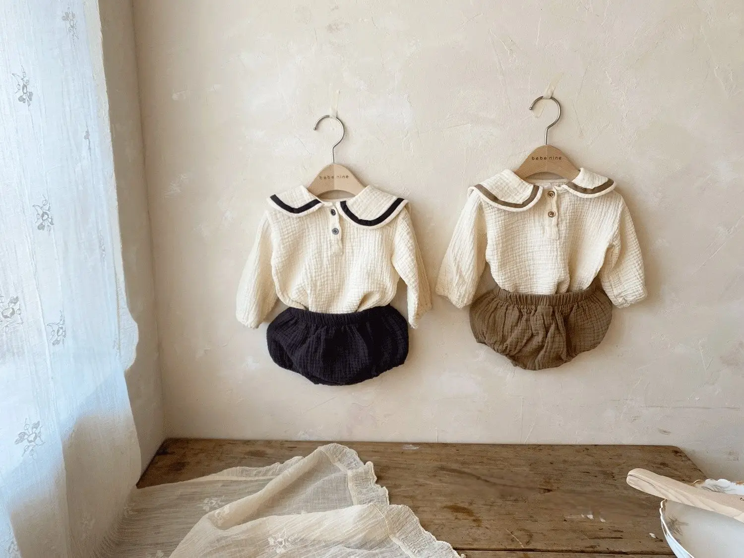 Conjunto de ropa de algodón puro para bebés recién nacidos, niñas y niños, camisetas de manga larga con cuello azul marino, pantalones de pan sólidos, 2 uds. - imagen 4