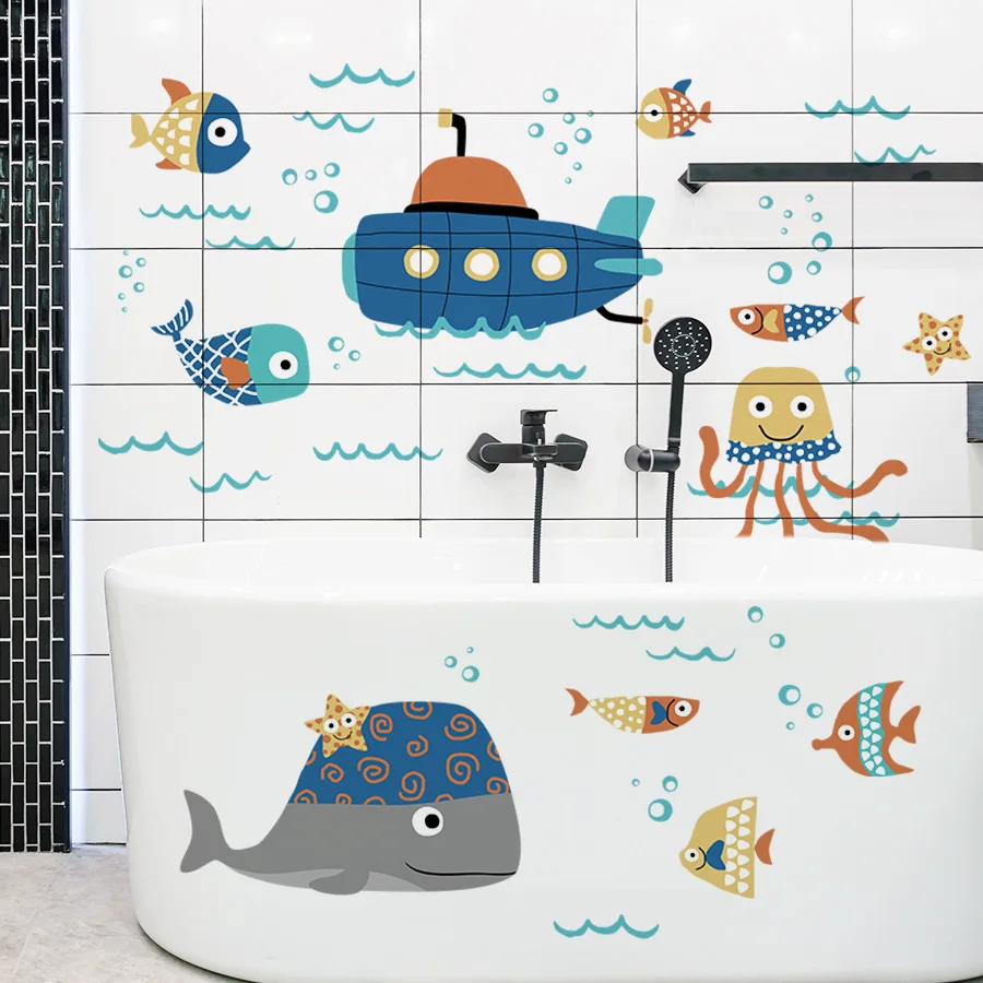 Adhesivos de pared autoadhesivos para submarinos de animales marinos, pegatinas decorativas impermeables para habitaciones y baños infantiles - imagen 5