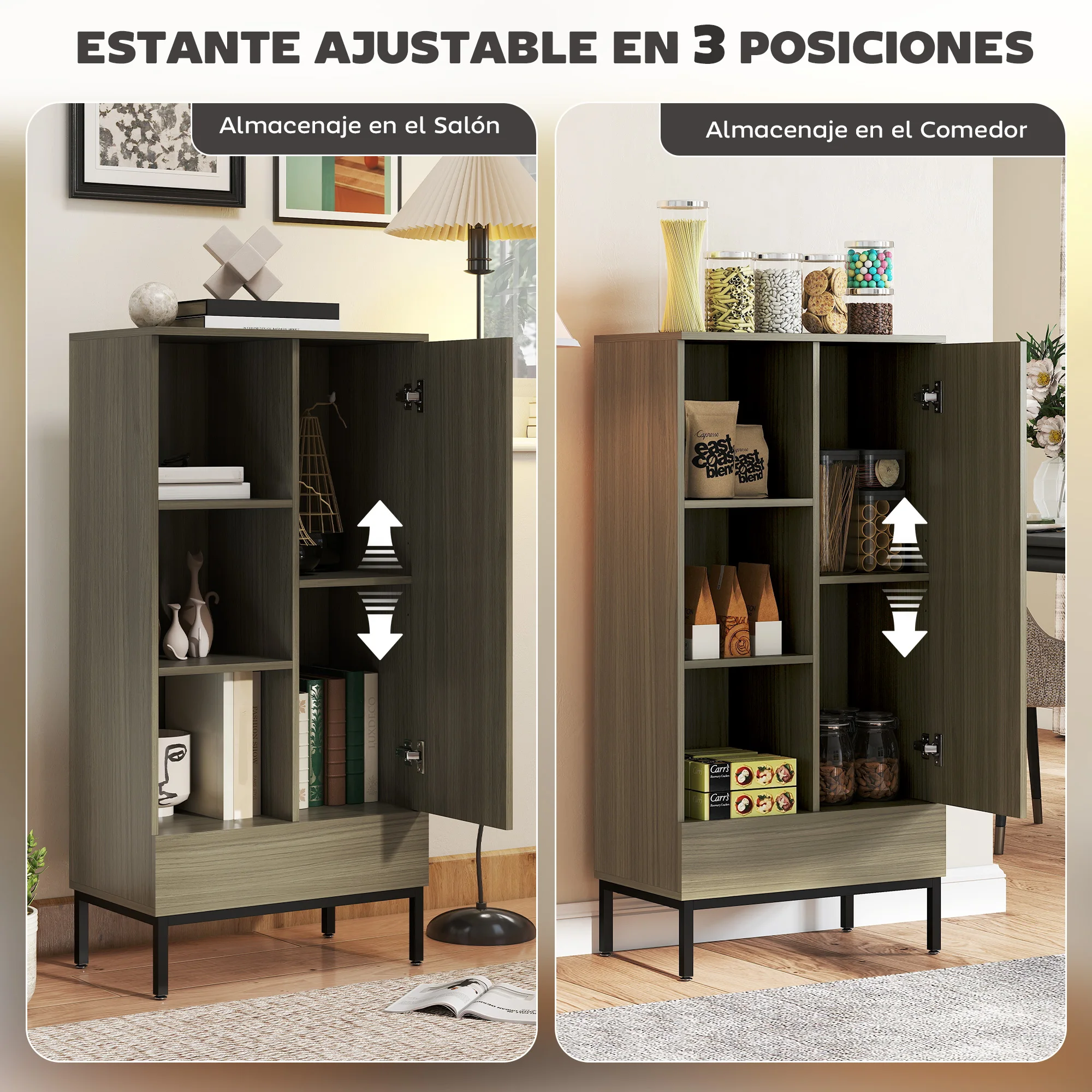 HOMCOM Aparador 1 Puerta Aparador para Salón Moderno con Cajón Estante Ajustable y 3 Compartimentos Abiertos para Comedor Entrada Dormitorio 60x34x121 cm Natural - imagen 4