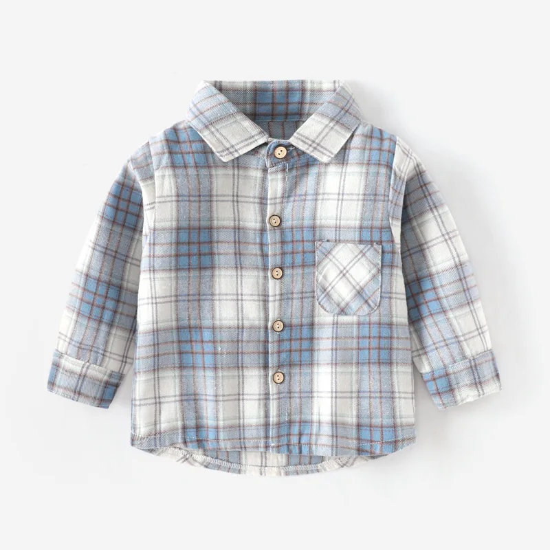 MILANCEL Camisa de algodón cepillado a cuadros para niños, informal, versátil, de manga larga, con cuello vuelto, capa Base Unisex, primavera - imagen 3