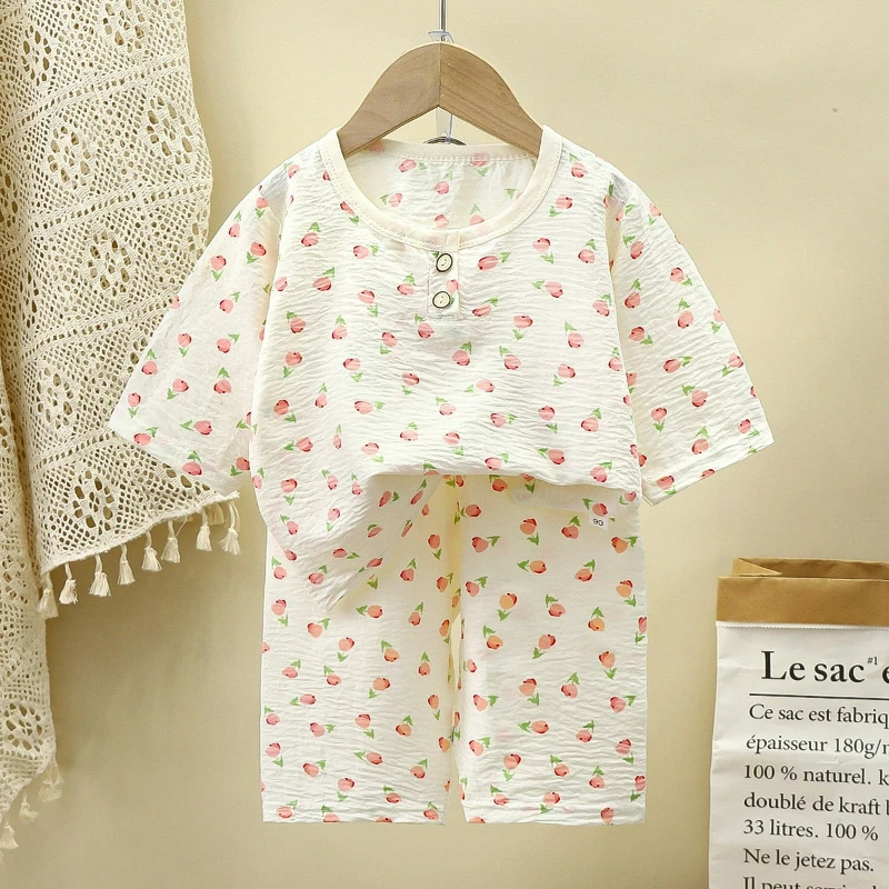Conjunto de ropa de verano para el hogar, manga media, niños y niñas, algodón de nube, ropa de dormir informal ligera y con aire acondicionado con pantalones cortos