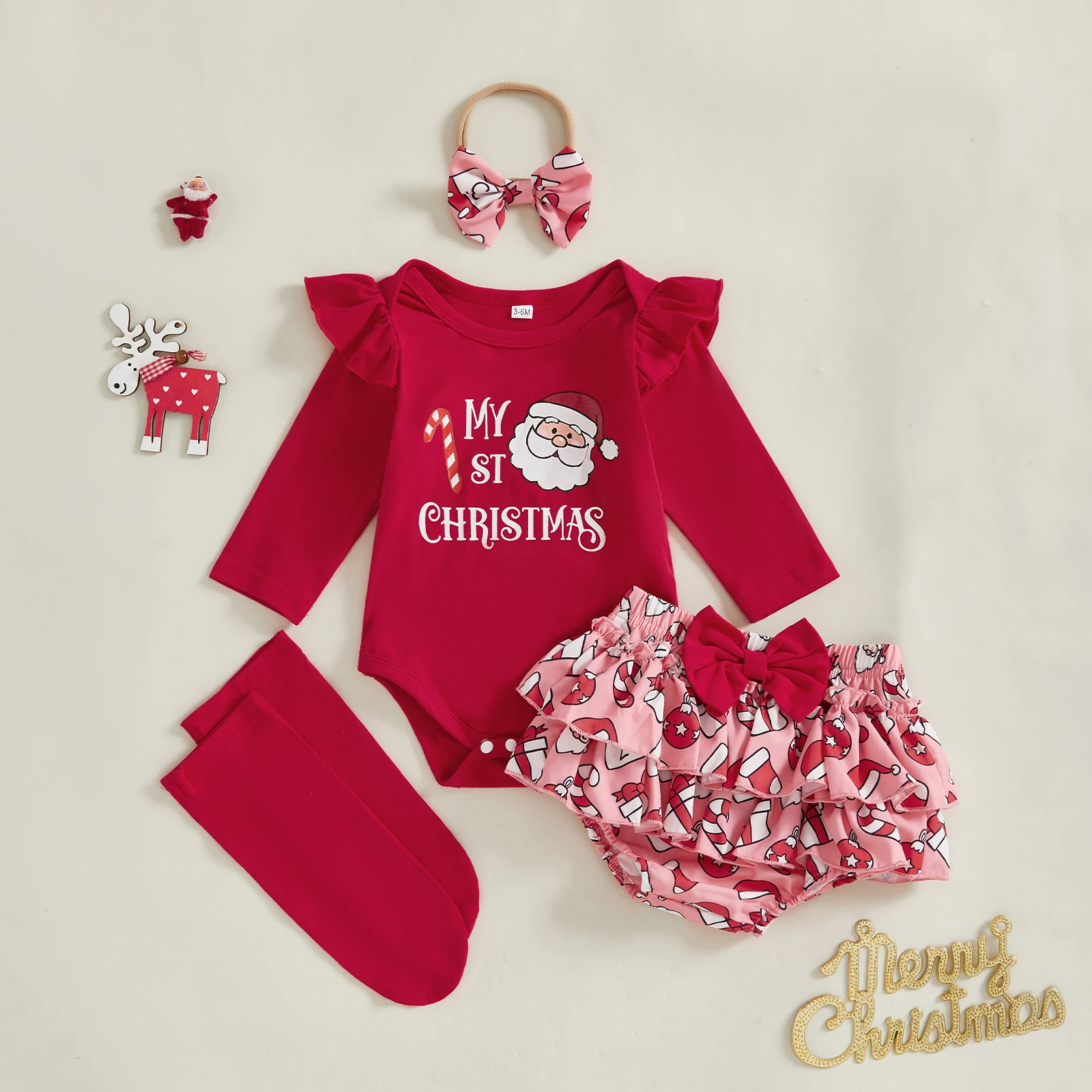 VISgogo Conjuntos de Navidad para niñas de manga larga con estampado de Papá Noel/pan de jengibre, pantalones cortos de PP escalonados, conjuntos de calcetines y diadema - imagen 2