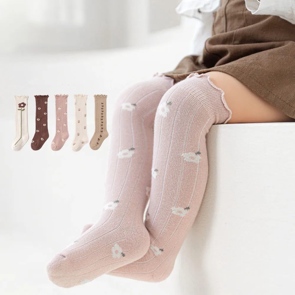 Calcetines de princesa a la moda para bebé, calcetín hasta la rodilla de algodón suave para niños pequeños, calcetines largos florales para niños de 0 a 3 años