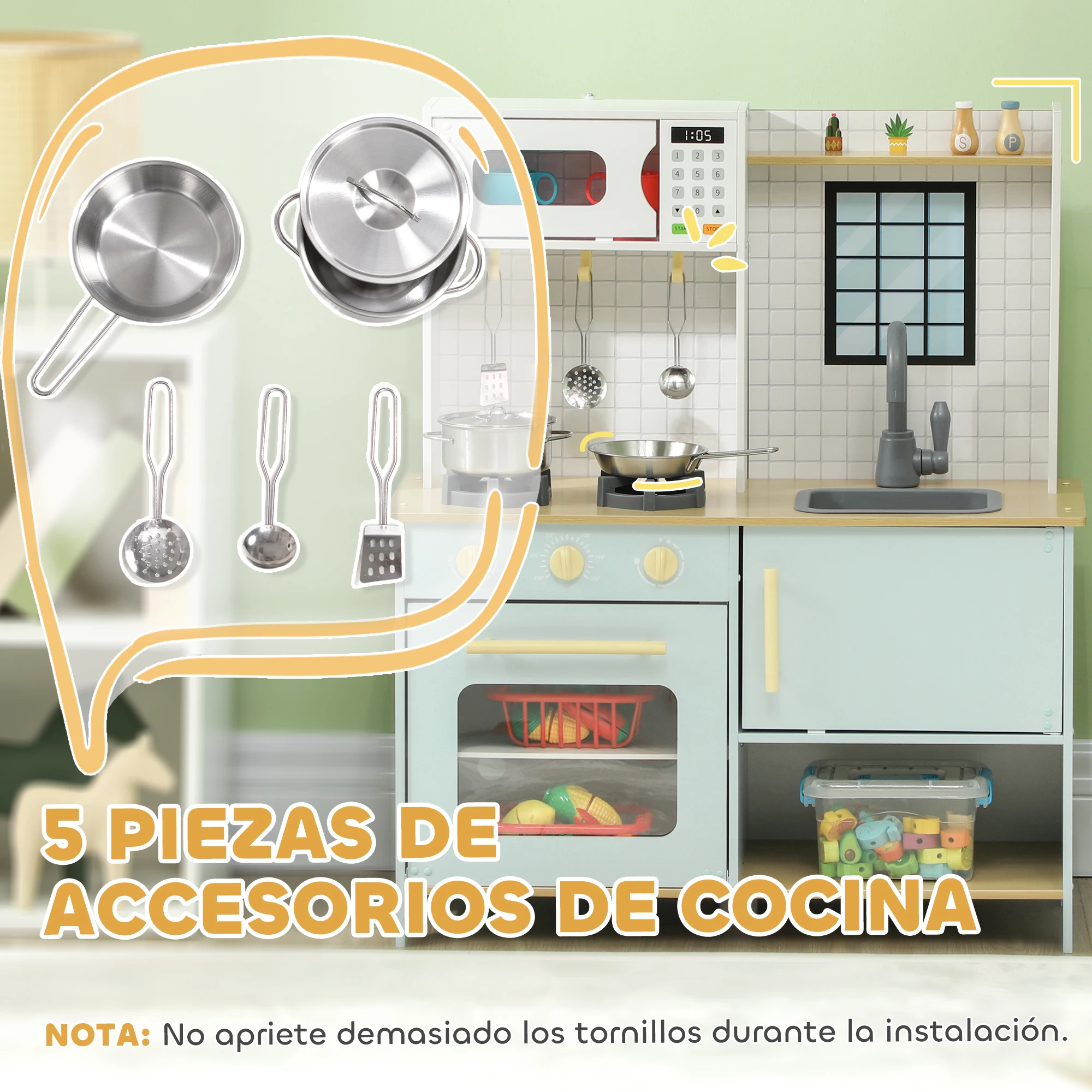AIYAPLAY Cocina de Juguete para Niños +3 Años Cocina de Madera Infantil Cocinita Infantil con Sonido Fogón Horno Grifo Fregadero Microondas y Accesorios de Cocina Azul - imagen 5