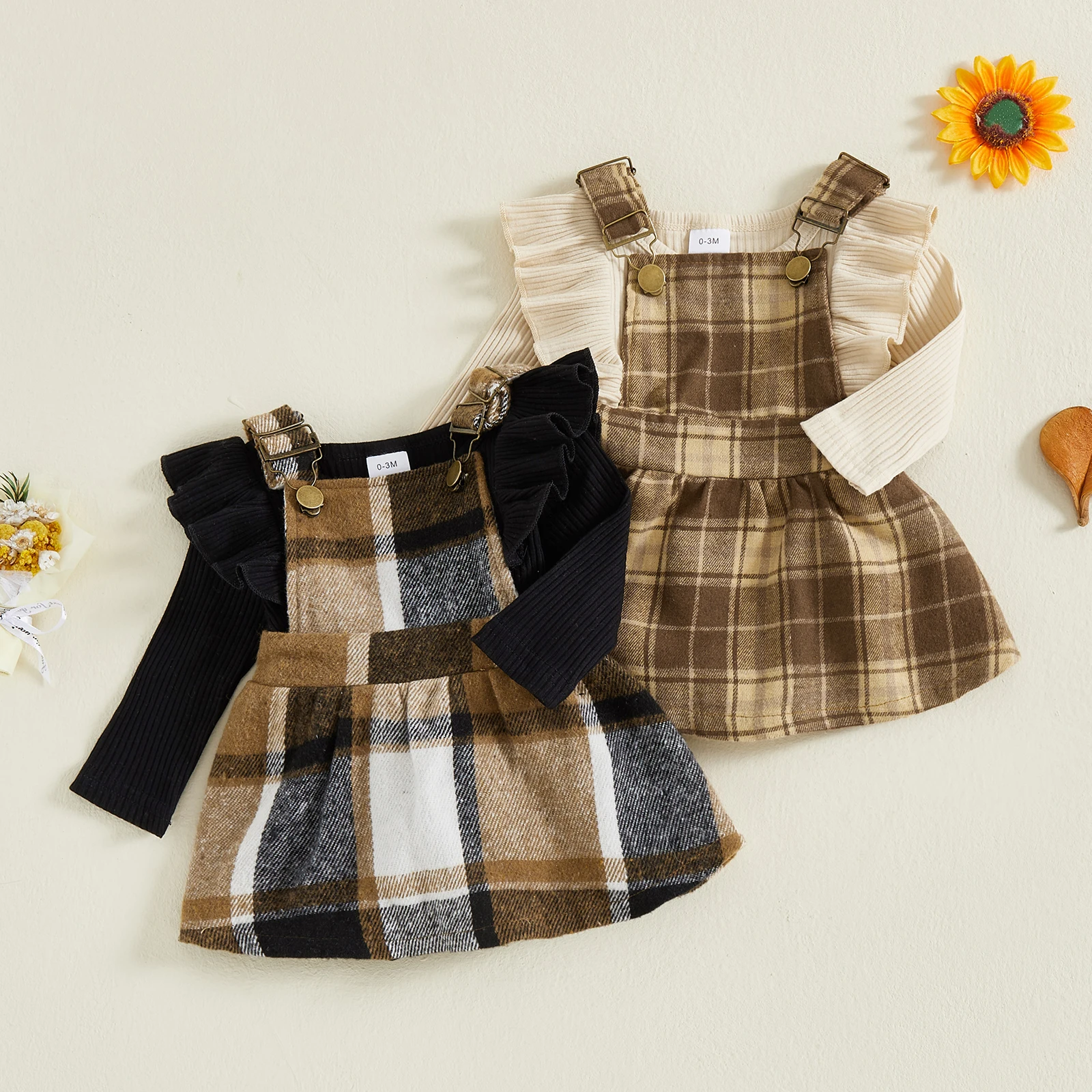 VISgogo Conjunto de 2 piezas para niñas, mameluco de manga larga con volantes acanalados y vestido con tirantes a cuadros, ropa linda de otoño - imagen 2