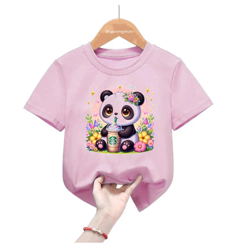 Camiseta rosa de Panda arcoíris para niñas, ropa Kawaii Harajuku para niños, Tops de moda de verano, camiseta divertida - imagen 5