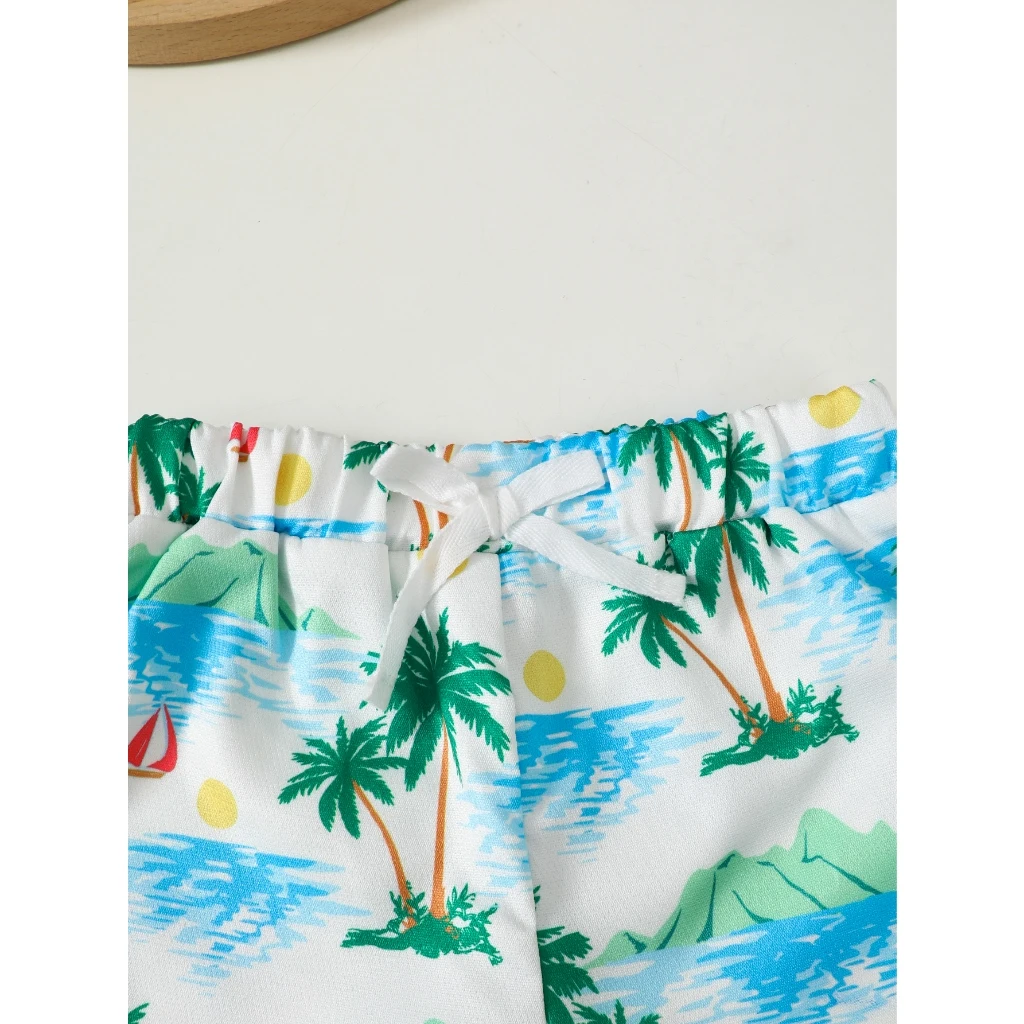 Conjunto de vacaciones hawaianas para niños, camiseta de manga corta, pantalones cortos florales y sombrero estampado a juego, conjunto de ropa de bebé estilo isla de verano - imagen 4