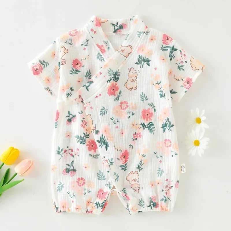 Mono de manga corta para niñas y bebés, Pelele de algodón con estampado de gasa completo, pijamas para recién nacidos de 0 a 18 meses