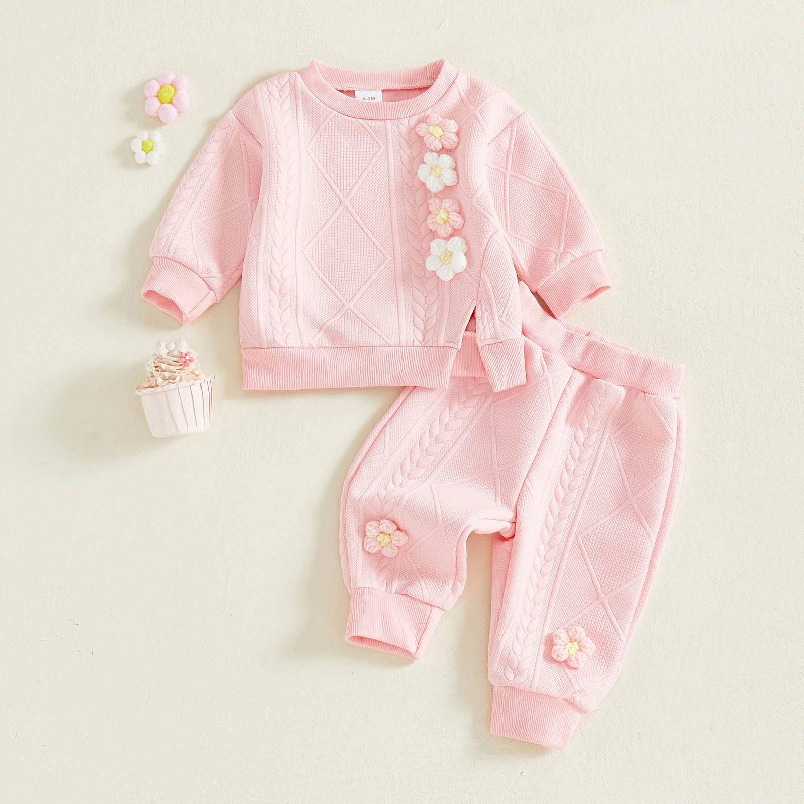 Conjunto de 2 piezas de trajes de otoño para niña de 0 a 3 años, Tops divididos con flores en 3D de manga larga y pantalones de cintura elástica, ropa para niños pequeños