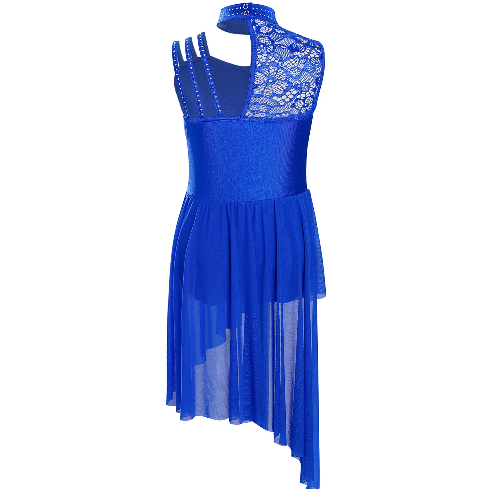 Vestido de baile lírico de Ballet para niñas, Ropa de baile contemporánea moderna, cuello simulado, encaje Floral, diamantes de imitación, dobladillo Irregular, vestido de leotardo - imagen 3