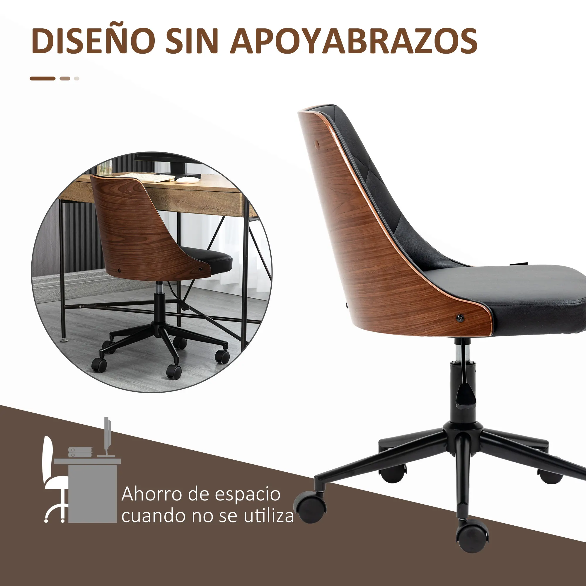 Vinsetto Silla de Oficina Giratoria Silla de Escritorio Ergonómica Tapizadas en Cuero PU con Altura Ajustable Función de Basculante para Salón Dormitorio Oficina 54x54,5x76-86 cm Negro - imagen 3
