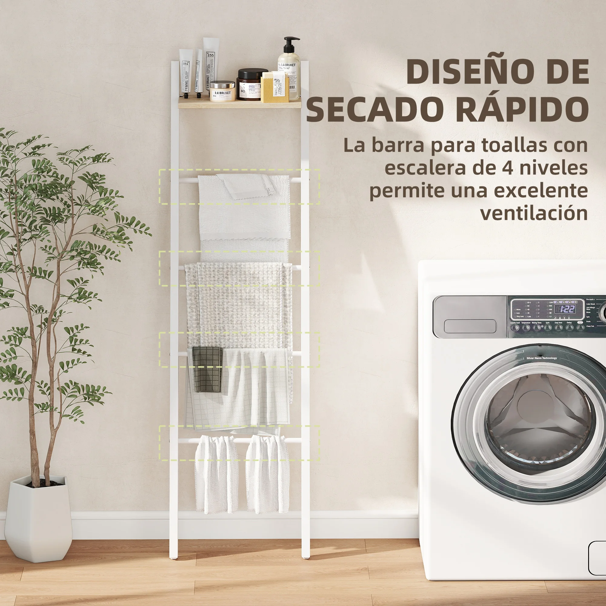 HOMCOM Toallero Escalera con Estante Superior y 4 Barras, Toallero de Baño para Apoyar en Pared, Estantería de Escalera Inclinada, para Dormitorio, Salón, 43x20x151 cm, Blanco y Roble - imagen 4